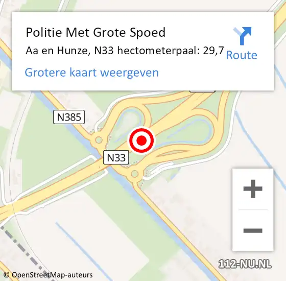 Locatie op kaart van de 112 melding: Politie Met Grote Spoed Naar Aa en Hunze, N33 hectometerpaal: 29,7 op 13 mei 2024 23:07