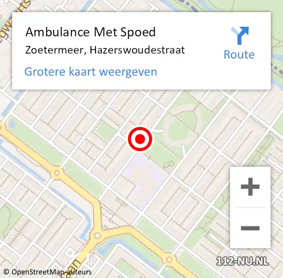 Locatie op kaart van de 112 melding: Ambulance Met Spoed Naar Zoetermeer, Hazerswoudestraat op 14 mei 2024 01:48