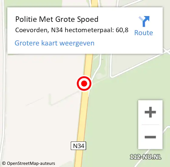 Locatie op kaart van de 112 melding: Politie Met Grote Spoed Naar Coevorden, N34 hectometerpaal: 60,8 op 14 mei 2024 05:16