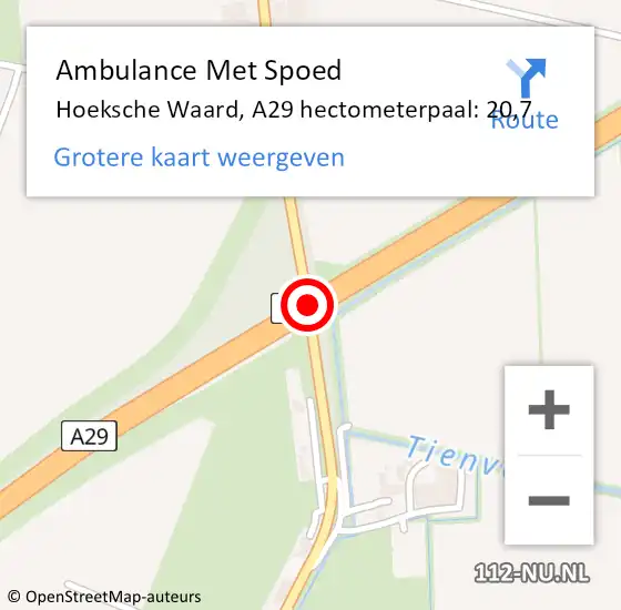 Locatie op kaart van de 112 melding: Ambulance Met Spoed Naar Hoeksche Waard, A29 hectometerpaal: 20,7 op 14 mei 2024 05:55