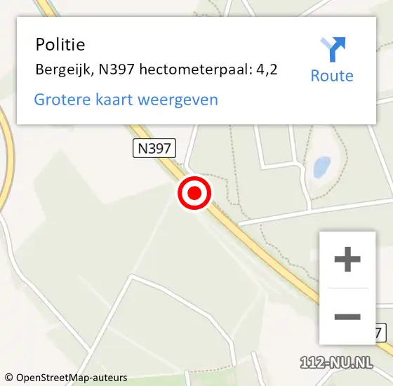 Locatie op kaart van de 112 melding: Politie Bergeijk, N397 hectometerpaal: 4,2 op 14 mei 2024 07:24