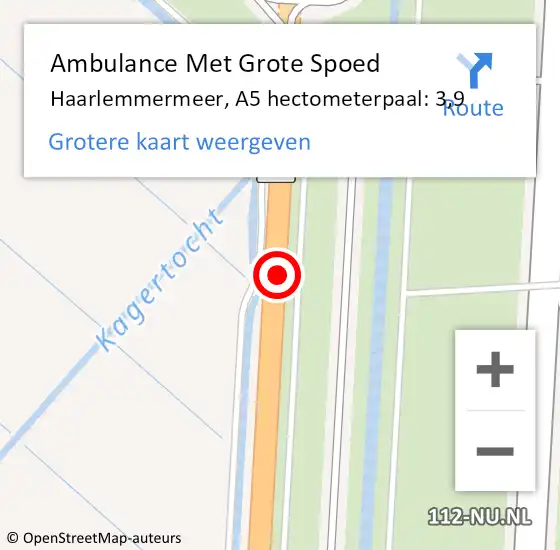 Locatie op kaart van de 112 melding: Ambulance Met Grote Spoed Naar Haarlemmermeer, A5 hectometerpaal: 3,9 op 14 mei 2024 07:26