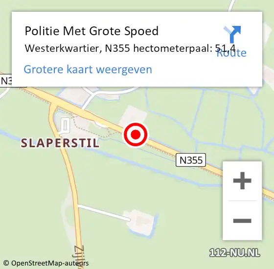 Locatie op kaart van de 112 melding: Politie Met Grote Spoed Naar Westerkwartier, N355 hectometerpaal: 51,4 op 14 mei 2024 08:25