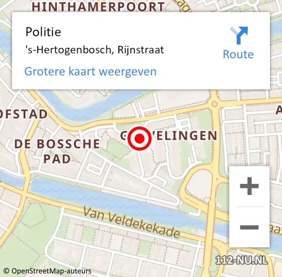 Locatie op kaart van de 112 melding: Politie 's-Hertogenbosch, Rijnstraat op 14 mei 2024 08:43