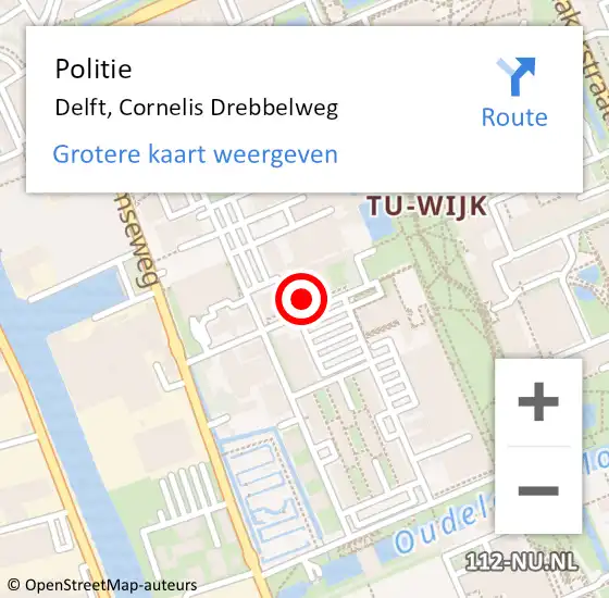 Locatie op kaart van de 112 melding: Politie Delft, Cornelis Drebbelweg op 14 mei 2024 09:08