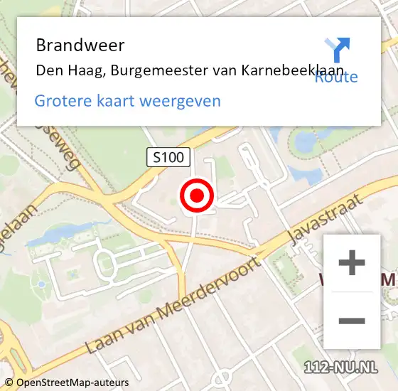 Locatie op kaart van de 112 melding: Brandweer Den Haag, Burgemeester van Karnebeeklaan op 14 mei 2024 09:20