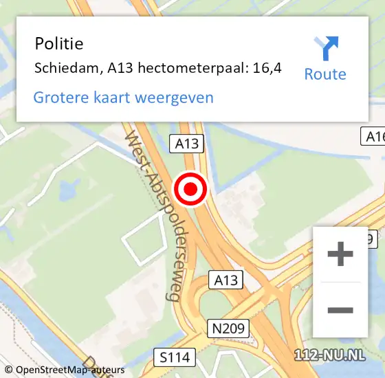 Locatie op kaart van de 112 melding: Politie Schiedam, A13 hectometerpaal: 16,4 op 14 mei 2024 09:58