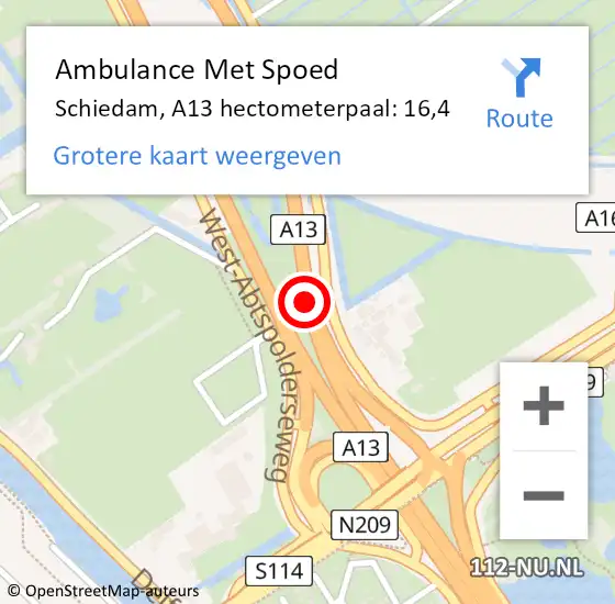 Locatie op kaart van de 112 melding: Ambulance Met Spoed Naar Schiedam, A13 hectometerpaal: 16,4 op 14 mei 2024 09:59
