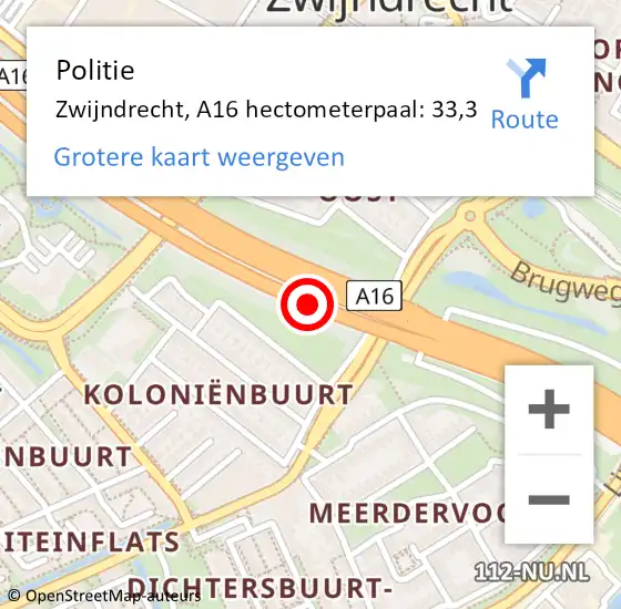 Locatie op kaart van de 112 melding: Politie Zwijndrecht, A16 hectometerpaal: 33,3 op 14 mei 2024 10:08