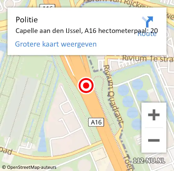 Locatie op kaart van de 112 melding: Politie Capelle aan den IJssel, A16 hectometerpaal: 20 op 14 mei 2024 10:19