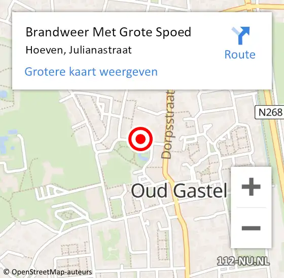 Locatie op kaart van de 112 melding: Brandweer Met Grote Spoed Naar Hoeven, Julianastraat op 14 mei 2024 10:40