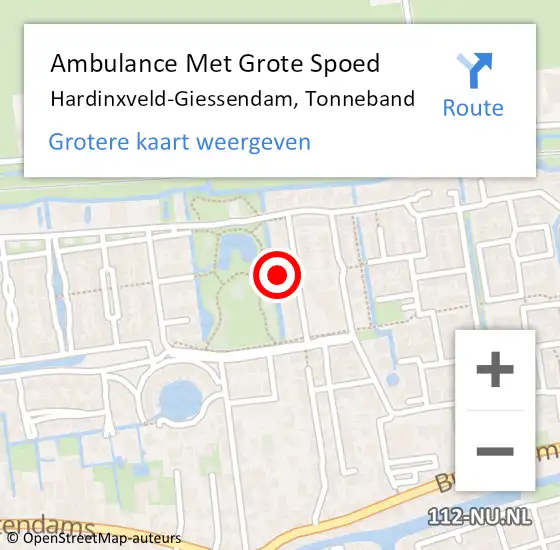 Locatie op kaart van de 112 melding: Ambulance Met Grote Spoed Naar Hardinxveld-Giessendam, Tonneband op 14 mei 2024 10:46