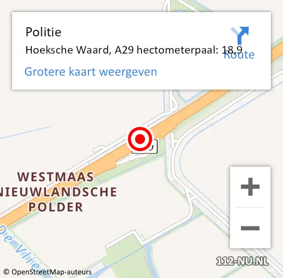 Locatie op kaart van de 112 melding: Politie Hoeksche Waard, A29 hectometerpaal: 18,9 op 14 mei 2024 11:32
