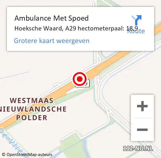 Locatie op kaart van de 112 melding: Ambulance Met Spoed Naar Hoeksche Waard, A29 hectometerpaal: 18,9 op 14 mei 2024 11:36