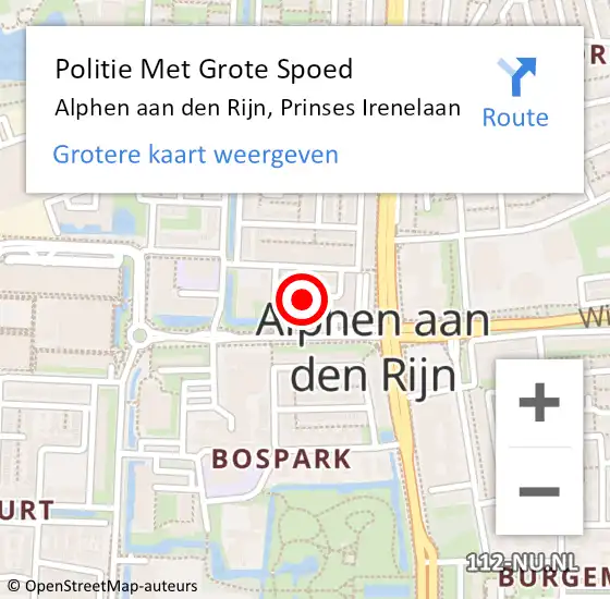 Locatie op kaart van de 112 melding: Politie Met Grote Spoed Naar Alphen aan den Rijn, Prinses Irenelaan op 14 mei 2024 11:39