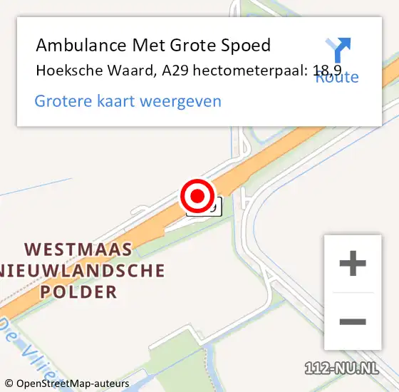 Locatie op kaart van de 112 melding: Ambulance Met Grote Spoed Naar Hoeksche Waard, A29 hectometerpaal: 18,9 op 14 mei 2024 11:42