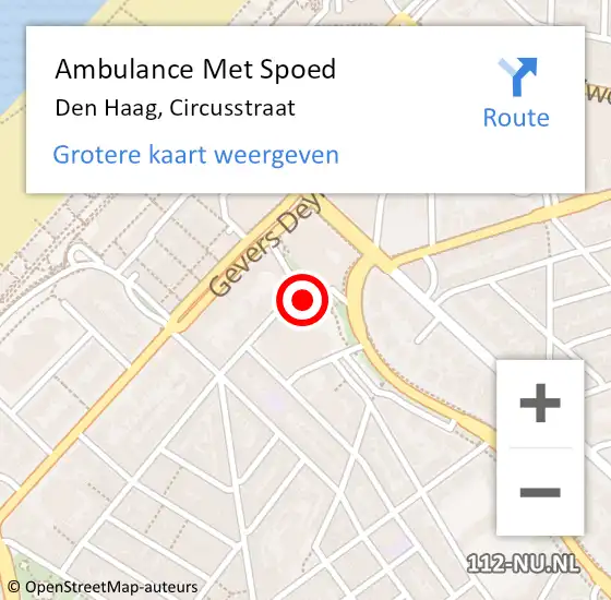 Locatie op kaart van de 112 melding: Ambulance Met Spoed Naar Den Haag, Circusstraat op 14 mei 2024 11:43