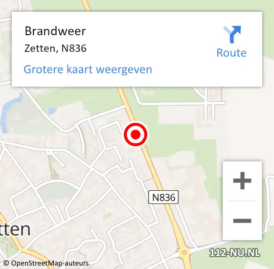 Locatie op kaart van de 112 melding: Brandweer Zetten, N836 op 5 oktober 2014 21:38
