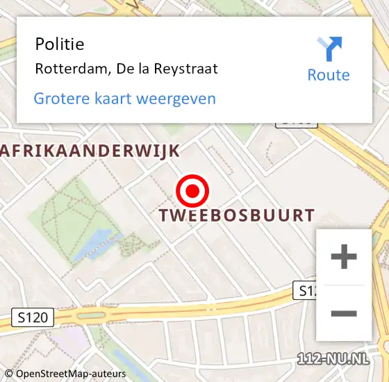 Locatie op kaart van de 112 melding: Politie Rotterdam, De la Reystraat op 14 mei 2024 12:57