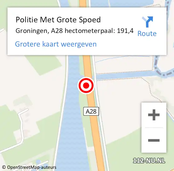Locatie op kaart van de 112 melding: Politie Met Grote Spoed Naar Groningen, A28 hectometerpaal: 191,4 op 14 mei 2024 13:41