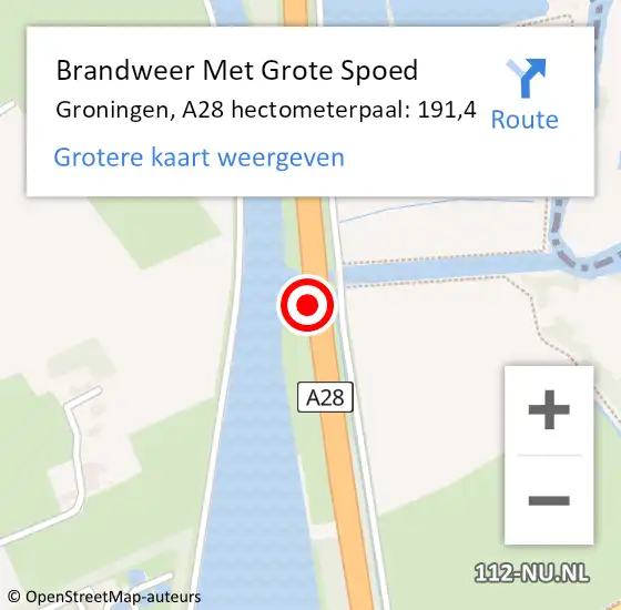 Locatie op kaart van de 112 melding: Brandweer Met Grote Spoed Naar Groningen, A28 hectometerpaal: 191,4 op 14 mei 2024 13:43