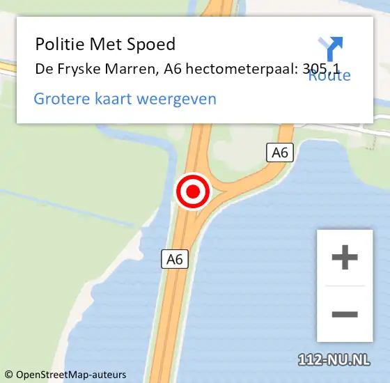 Locatie op kaart van de 112 melding: Politie Met Spoed Naar De Fryske Marren, A6 hectometerpaal: 305,1 op 14 mei 2024 14:17