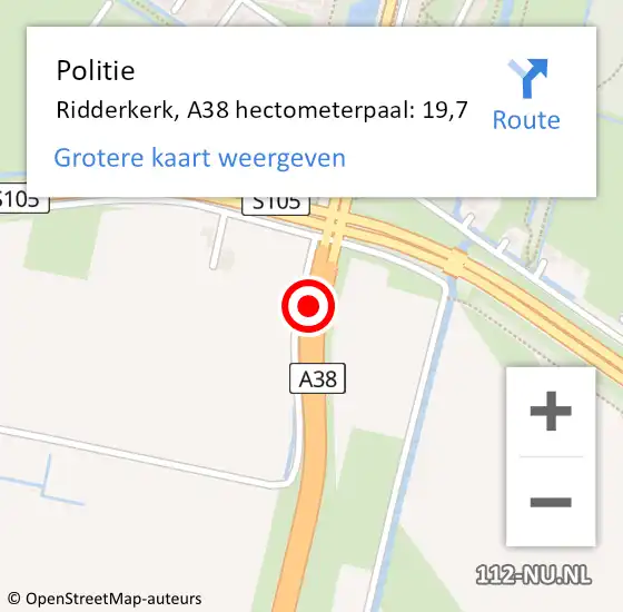 Locatie op kaart van de 112 melding: Politie Ridderkerk, A38 hectometerpaal: 19,7 op 14 mei 2024 14:28
