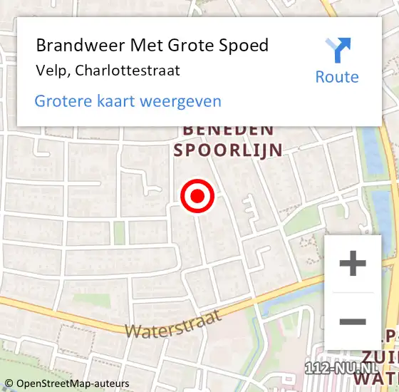 Locatie op kaart van de 112 melding: Brandweer Met Grote Spoed Naar Velp, Charlottestraat op 14 mei 2024 14:32