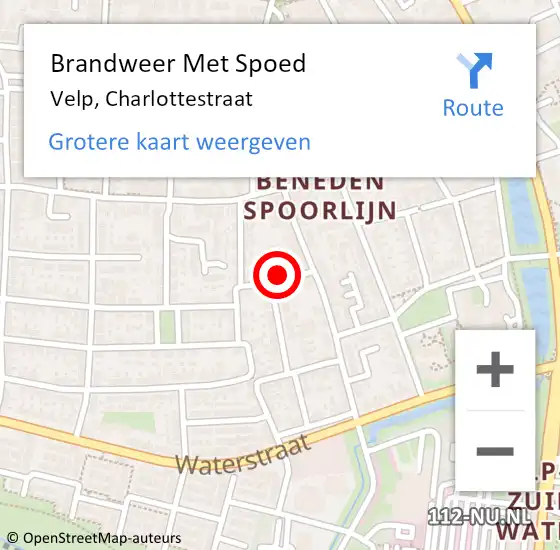 Locatie op kaart van de 112 melding: Brandweer Met Spoed Naar Velp, Charlottestraat op 14 mei 2024 14:44