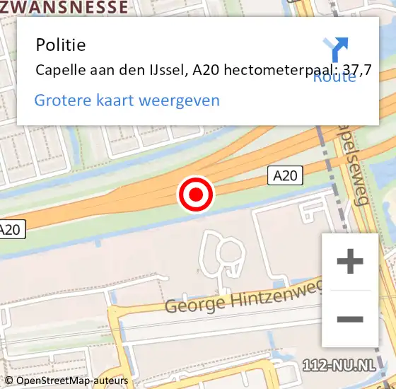 Locatie op kaart van de 112 melding: Politie Capelle aan den IJssel, A20 hectometerpaal: 37,7 op 14 mei 2024 14:46