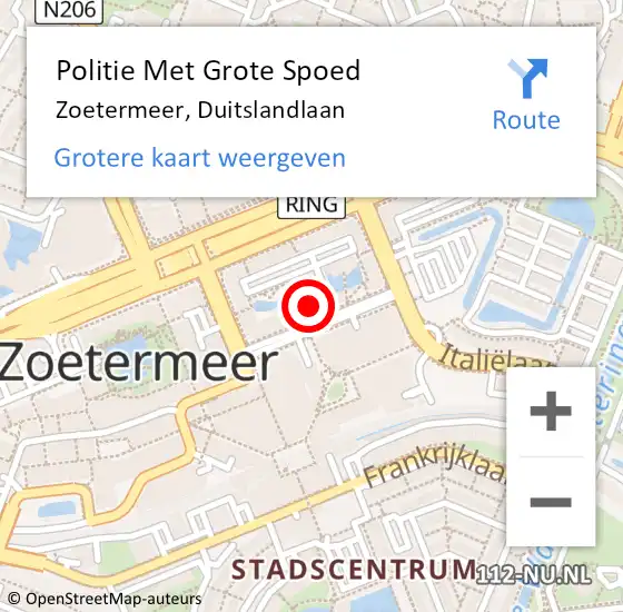 Locatie op kaart van de 112 melding: Politie Met Grote Spoed Naar Zoetermeer, Duitslandlaan op 14 mei 2024 14:48