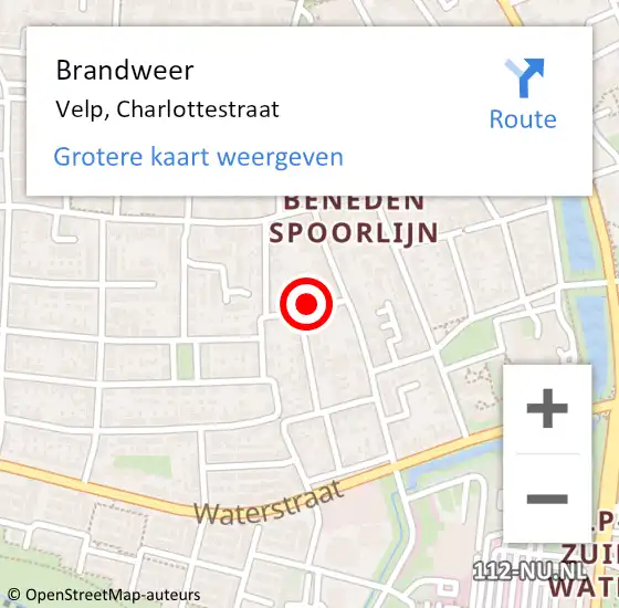 Locatie op kaart van de 112 melding: Brandweer Velp, Charlottestraat op 14 mei 2024 14:50