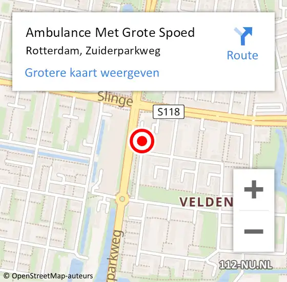 Locatie op kaart van de 112 melding: Ambulance Met Grote Spoed Naar Rotterdam, Zuiderparkweg op 14 mei 2024 14:52