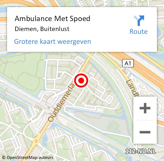 Locatie op kaart van de 112 melding: Ambulance Met Spoed Naar Diemen, Buitenlust op 14 mei 2024 15:00