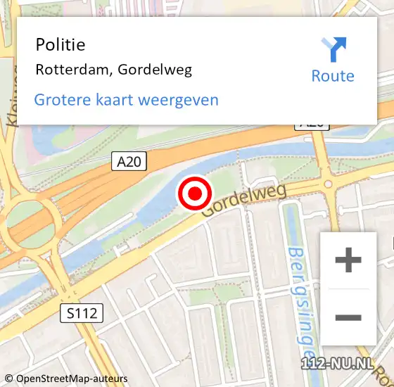 Locatie op kaart van de 112 melding: Politie Rotterdam, Gordelweg op 14 mei 2024 15:06