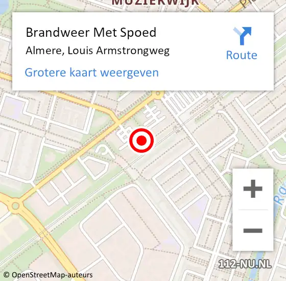 Locatie op kaart van de 112 melding: Brandweer Met Spoed Naar Almere, Louis Armstrongweg op 14 mei 2024 15:55