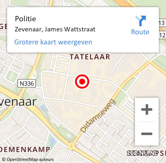 Locatie op kaart van de 112 melding: Politie Zevenaar, James Wattstraat op 14 mei 2024 16:30