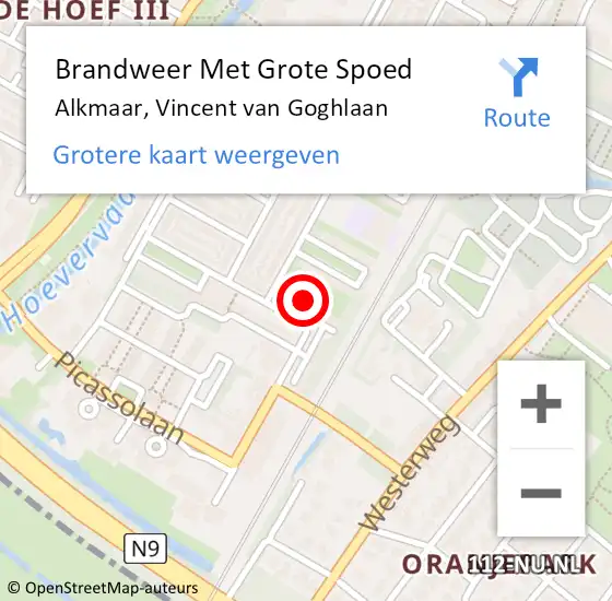 Locatie op kaart van de 112 melding: Brandweer Met Grote Spoed Naar Alkmaar, Vincent van Goghlaan op 14 mei 2024 16:37