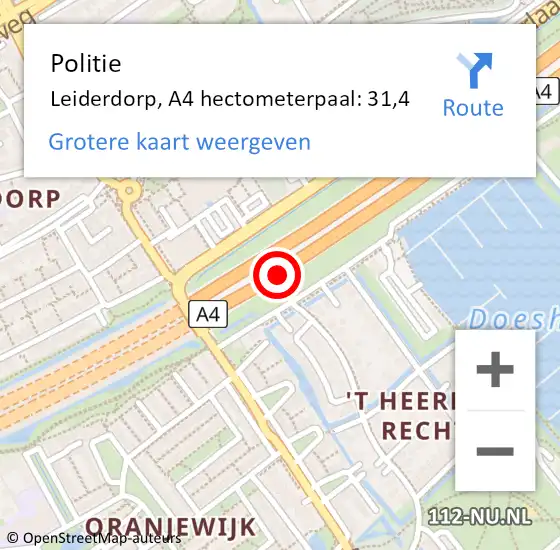 Locatie op kaart van de 112 melding: Politie Leiderdorp, A4 hectometerpaal: 31,4 op 14 mei 2024 16:55