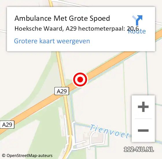 Locatie op kaart van de 112 melding: Ambulance Met Grote Spoed Naar Hoeksche Waard, A29 hectometerpaal: 20,6 op 14 mei 2024 17:05