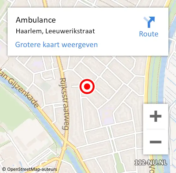 Locatie op kaart van de 112 melding: Ambulance Haarlem, Leeuwerikstraat op 14 mei 2024 17:25