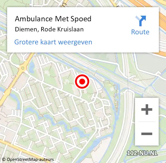Locatie op kaart van de 112 melding: Ambulance Met Spoed Naar Diemen, Rode Kruislaan op 14 mei 2024 18:39