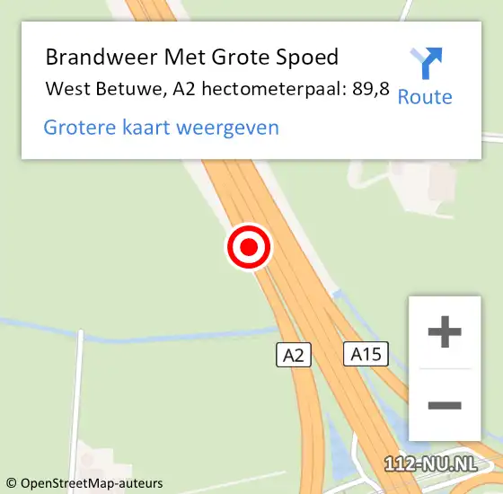 Locatie op kaart van de 112 melding: Brandweer Met Grote Spoed Naar West Betuwe, A2 hectometerpaal: 89,8 op 14 mei 2024 19:29