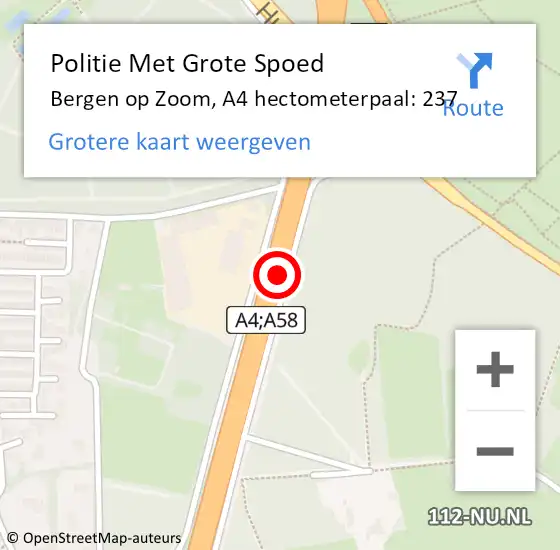 Locatie op kaart van de 112 melding: Politie Met Grote Spoed Naar Bergen op Zoom, A4 hectometerpaal: 237 op 14 mei 2024 20:18