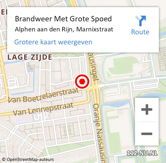 Locatie op kaart van de 112 melding: Brandweer Met Grote Spoed Naar Alphen aan den Rijn, Marnixstraat op 14 mei 2024 21:21