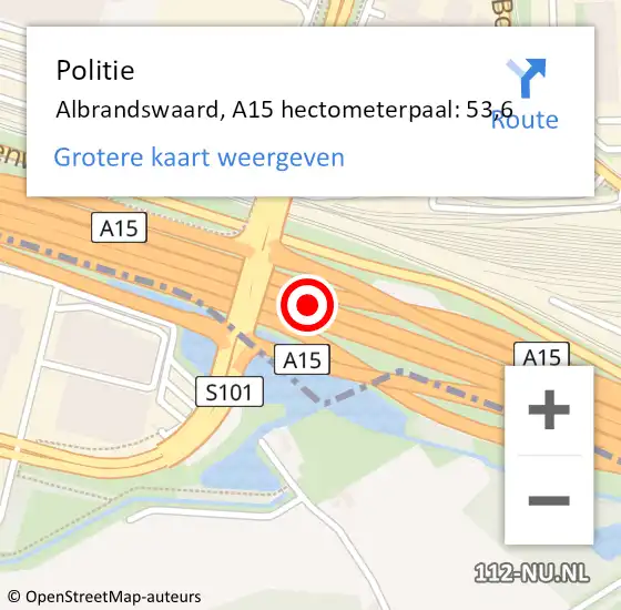 Locatie op kaart van de 112 melding: Politie Albrandswaard, A15 hectometerpaal: 53,6 op 14 mei 2024 22:28