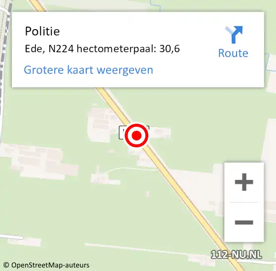 Locatie op kaart van de 112 melding: Politie Ede, N224 hectometerpaal: 30,6 op 14 mei 2024 23:05
