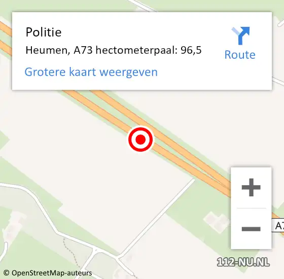 Locatie op kaart van de 112 melding: Politie Heumen, A73 hectometerpaal: 96,5 op 14 mei 2024 23:14