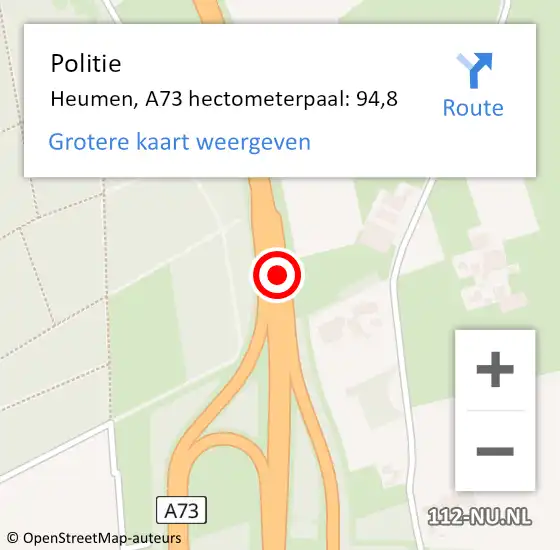 Locatie op kaart van de 112 melding: Politie Heumen, A73 hectometerpaal: 94,8 op 14 mei 2024 23:14