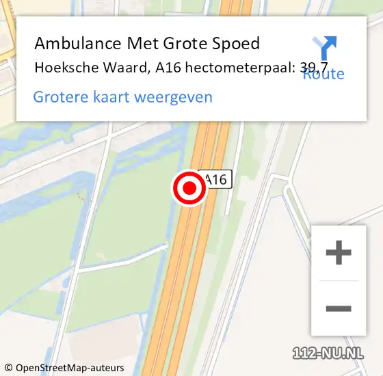 Locatie op kaart van de 112 melding: Ambulance Met Grote Spoed Naar Hoeksche Waard, A16 hectometerpaal: 39,7 op 15 mei 2024 00:23